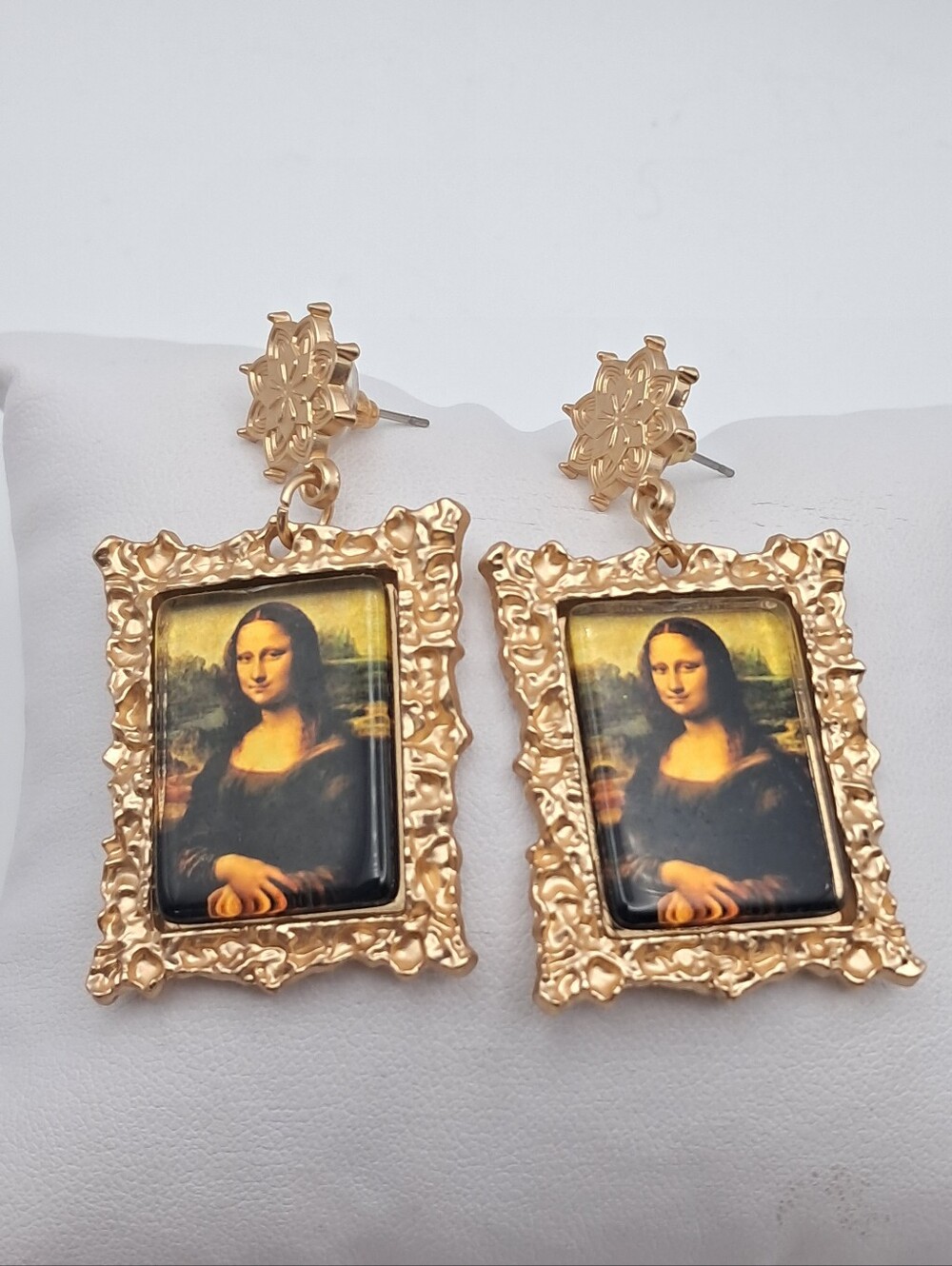 Miniature Mona Lisa by Da Vinci Drop Earrings in Golden Frames Fine Art Painting